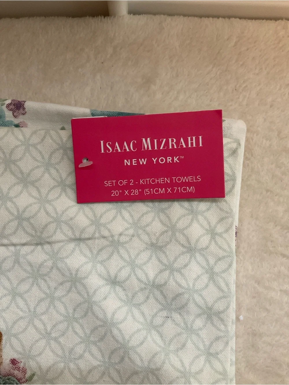 Isaac Mizrahi White Kitchen Towel with Mint Geometric and Floral Accents